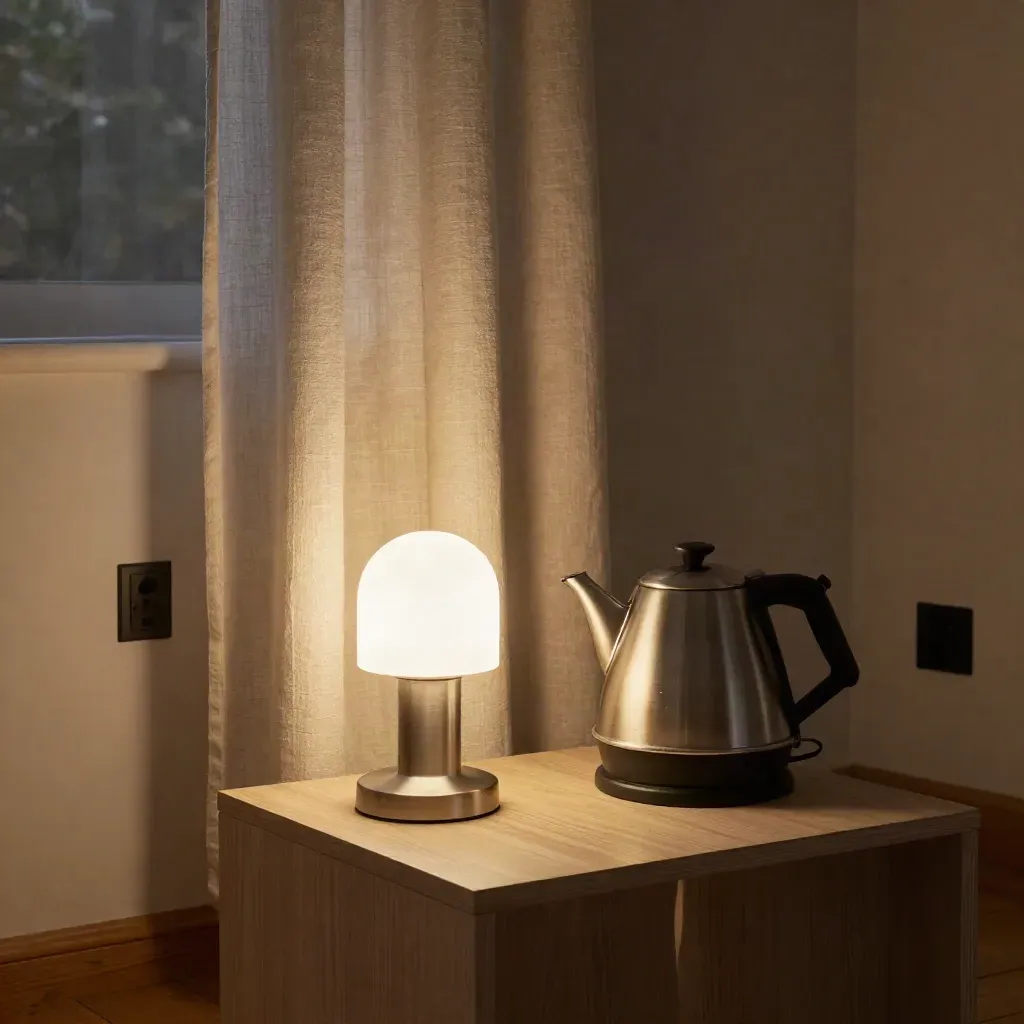 Verlichte woonkamerhoek met lamp, waterkoker, linnen gordijnen en donkere stopcontacten in schemering.