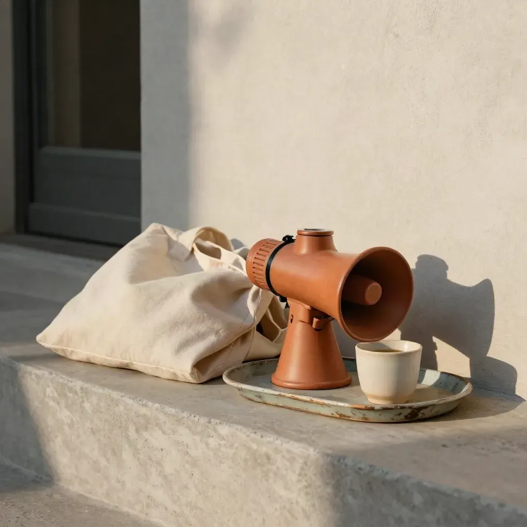 Megafon, canvas tas en keramische beker op een beschilderd dienblad in zachte terracotta tinten.